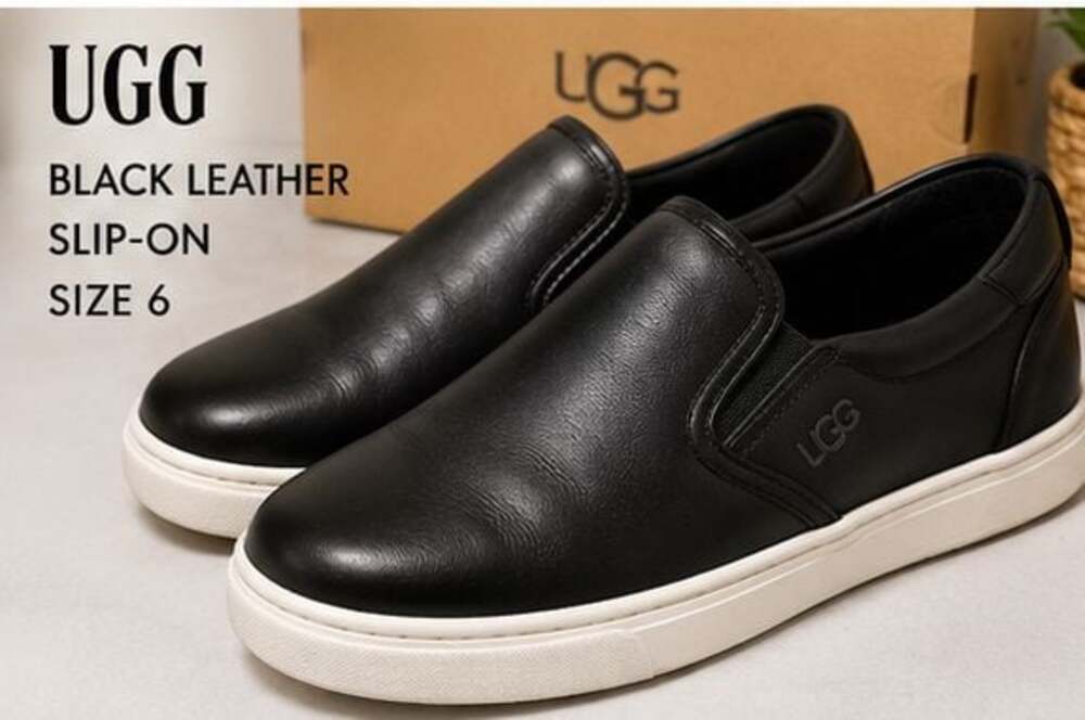 UGG Cas Black Leather Slip-On Sneaker with Metallic Gold Heel Accent